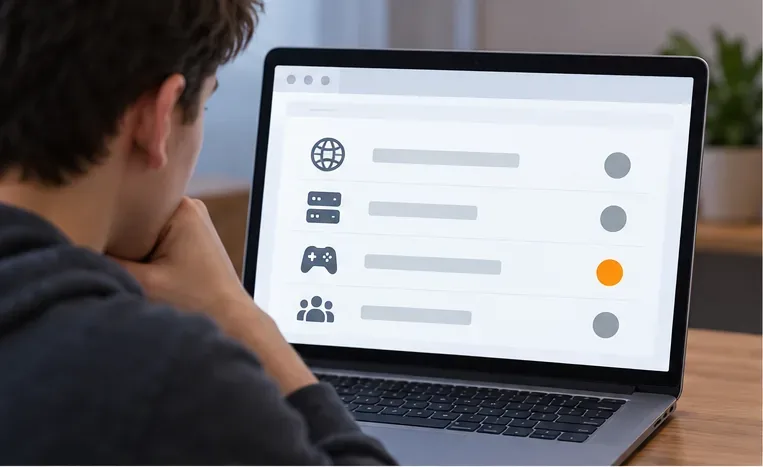 A player checks a neutral service-status dashboard on a laptop, with gray and amber status indicators.