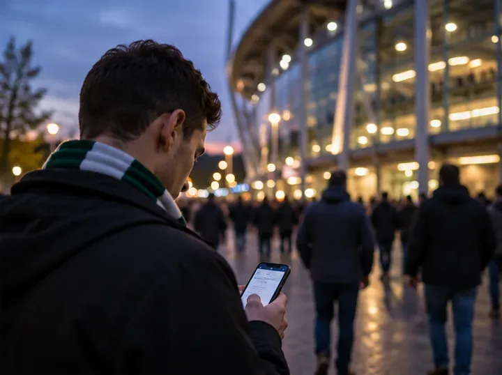 A soccer supporter checks a smartphone outside a stadium before a match