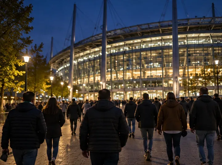 Spectators walking toward a brightly lit modern stadium at night