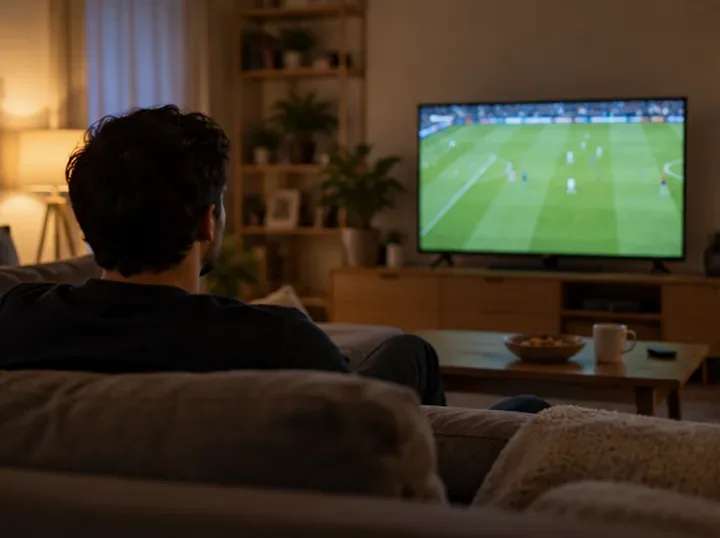 A viewer watches a soccer broadcast on television from a living room