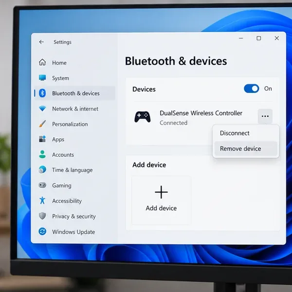 หน้าจอ Bluetooth และอุปกรณ์ของ Windows 11 แสดงคอนโทรลเลอร์ DualSense ที่เชื่อมต่ออยู่ และตัวเลือก "ลบอุปกรณ์"