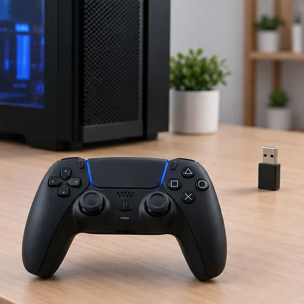 จอย DualSense วางอยู่ข้างเคสคอมพิวเตอร์ โดยมีอะแดปเตอร์ Bluetooth USB วางอยู่ห่างจากเคส