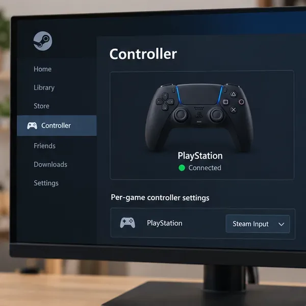 หน้าจอการตั้งค่าคอนโทรลเลอร์ Steam แสดงคอนโทรลเลอร์ PlayStation ที่เชื่อมต่ออยู่ และตัวเลือก Steam Input สำหรับแต่ละเกม