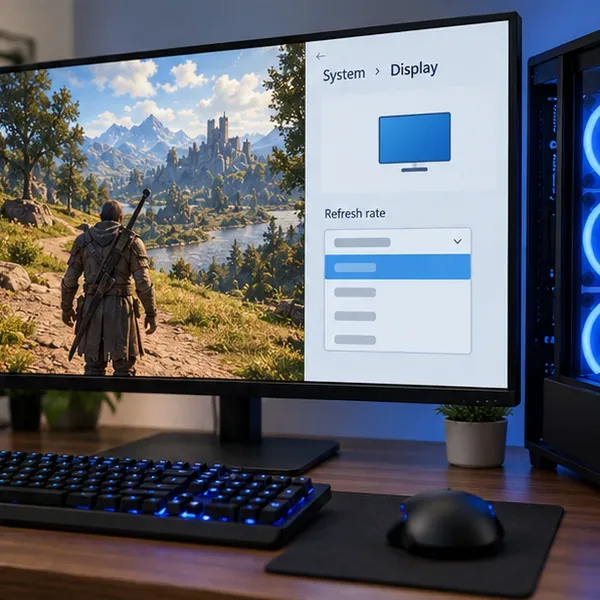 เกมพีซีบนจอภาพข้างๆ การตั้งค่าการแสดงผลของ Windows โดยเปิดตัวเลือกอัตราการรีเฟรชไว้