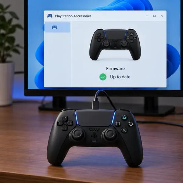 เชื่อมต่อ DualSense ผ่าน USB กับพีซีระบบ Windows ที่ติดตั้งโปรแกรม PlayStation Accessories พร้อมแผงแสดงสถานะเฟิร์มแวร์