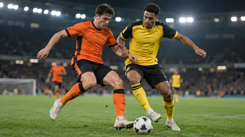 Twee doorsnee spelers in oranje-zwarte en geel-zwarte tenues strijden om de bal op een verlicht veld.
