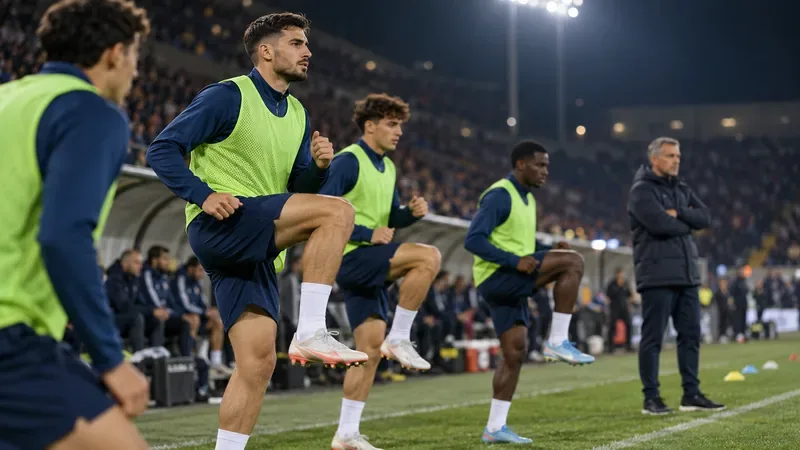 Reservespelers in groene trainingshesjes warmen zich op naast het veld, terwijl een coach toekijkt onder de stadionverlichting.