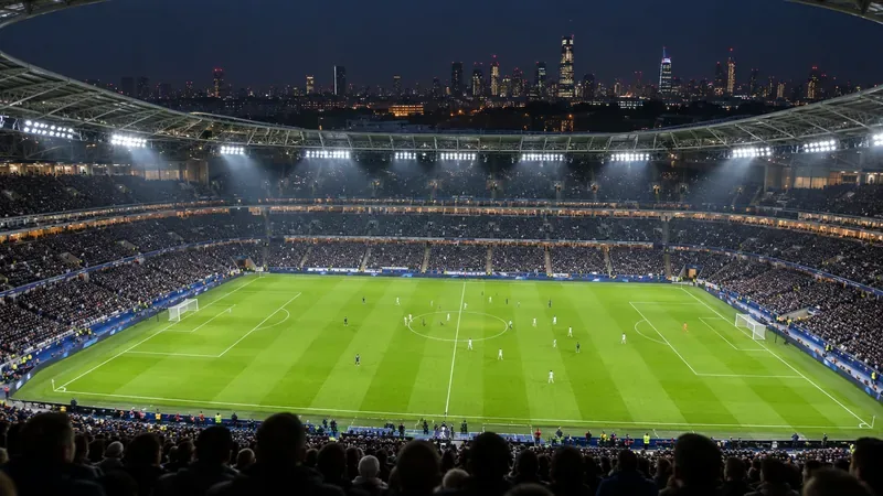 Een groot, verlicht voetbalstadion met een felgroen veld, volle tribunes en 's nachts de skyline van de stad.