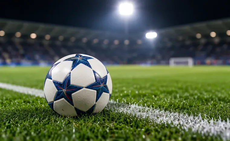 Een blauw-witte voetbal met sterrenpatroon op een geschilderde zijlijn, met schijnwerpers en een doel in de verte.