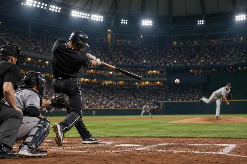Um jogador de beisebol com uniforme escuro rebate uma bola durante um jogo noturno em um estádio coberto.