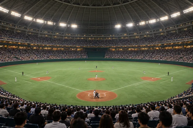 Uma vista panorâmica de trás do home plate mostra um campo de beisebol completo sob o teto de um estádio coberto e bem iluminado.