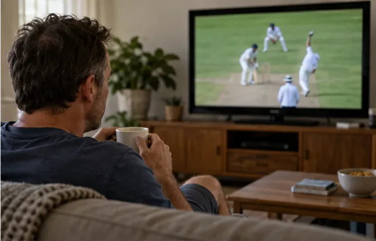 A viewer sits on a couch watching a cricket match on television