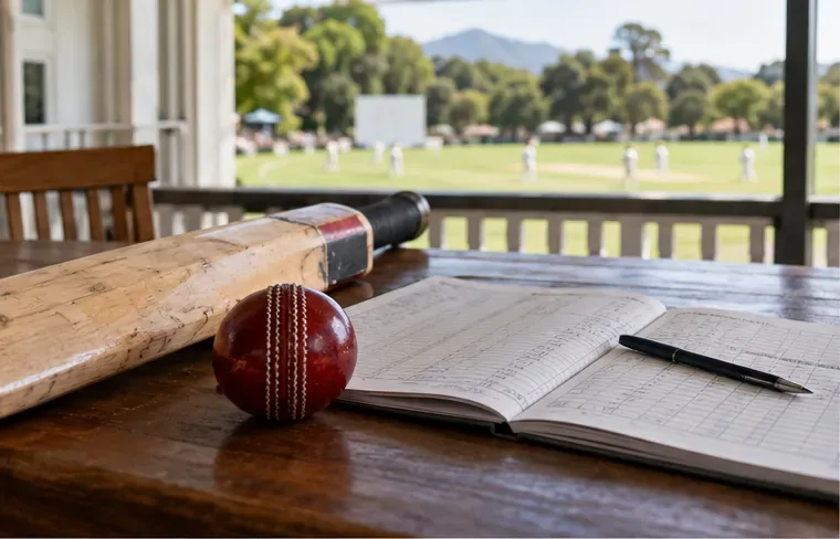 A cricket bat, red ball, pencil, and open scorebook rest on a pavilion table beside a field