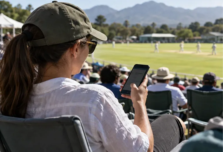 A spectator in the stands holds a smartphone while watching cricket on the field