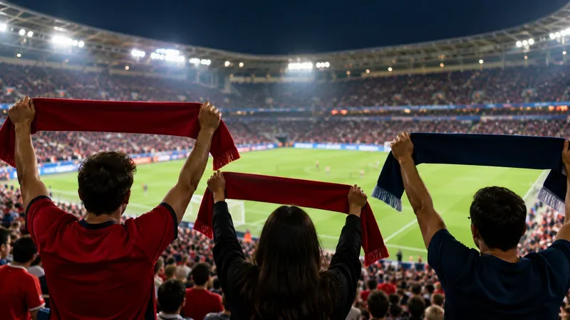 Drie voetbalfans houden rode en donkerblauwe sjaals boven hun hoofd terwijl ze naar een wedstrijd in het stadion kijken.