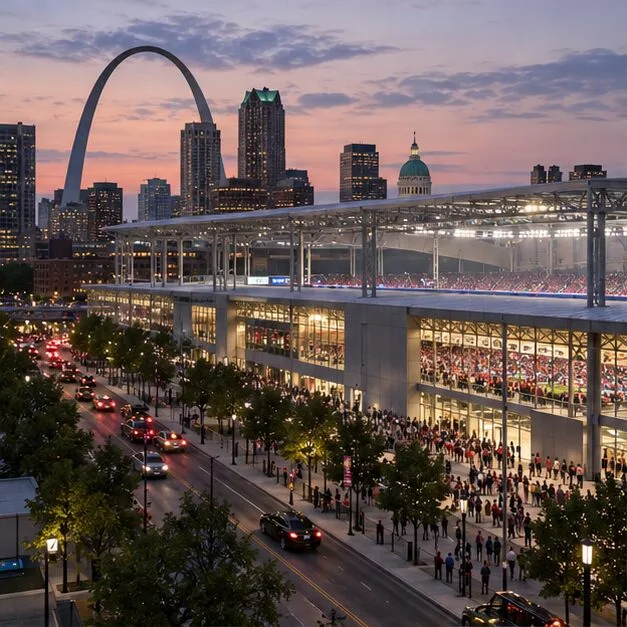 Een stadion in het centrum en de skyline van St. Louis bij zonsondergang, met de Gateway Arch zichtbaar achter de gebouwen.