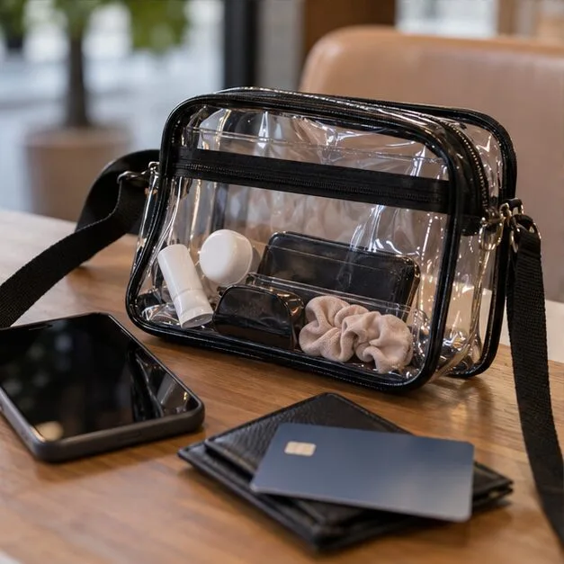 Naast een telefoon en een betaalpas ligt een klein, doorzichtig tasje op een tafel.