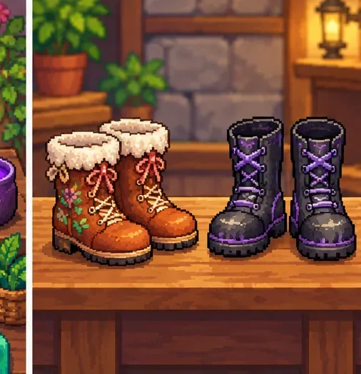Two different pairs of tall boots displayed side by side on a wooden tailoring workbench