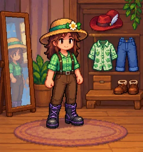 A farmer wearing a green shirt, brown pants, straw hat and dark boots beside a mirror and wardrobe