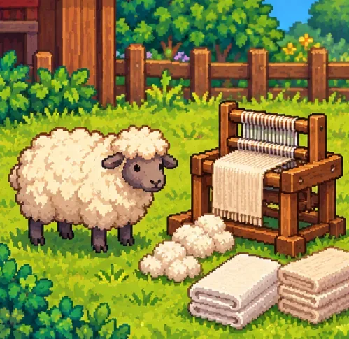 A woolly sheep beside a wooden loom holding white fabric and folded cloth on a sunny farm