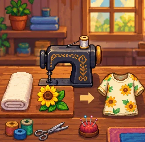 A vintage sewing machine with folded white cloth, a sunflower and a floral shirt on a craft table