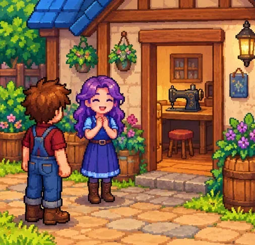 A farmer talking to a purple-haired villager outside a cottage with a sewing machine visible inside