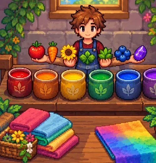 A rustic dye station with red orange yellow green blue and purple color jars plus vegetables berries and fabric