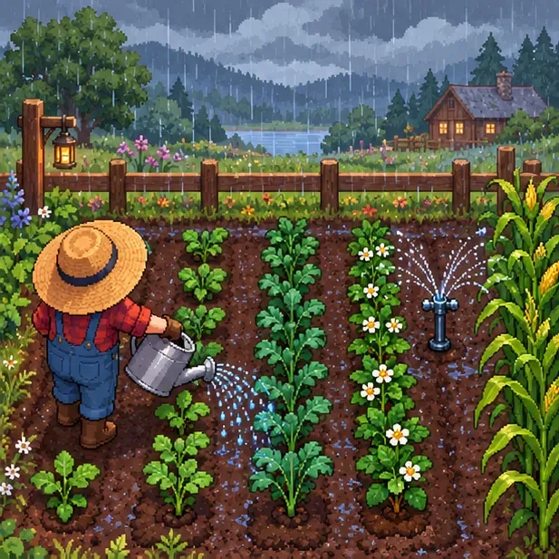 A farmer waters rows of crops with a can while a sprinkler waters another row in the rain.