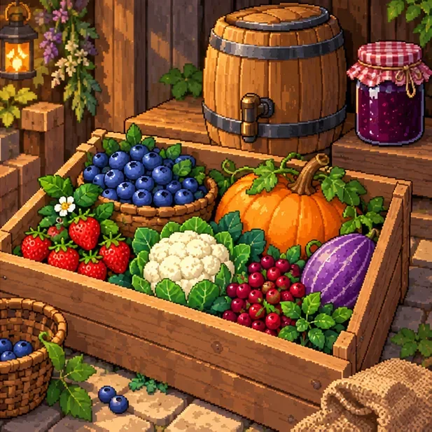 A harvest crate holds blueberries, strawberries, cranberries, pumpkin, cauliflower, and Powdermelon beside a keg and preserve jar.