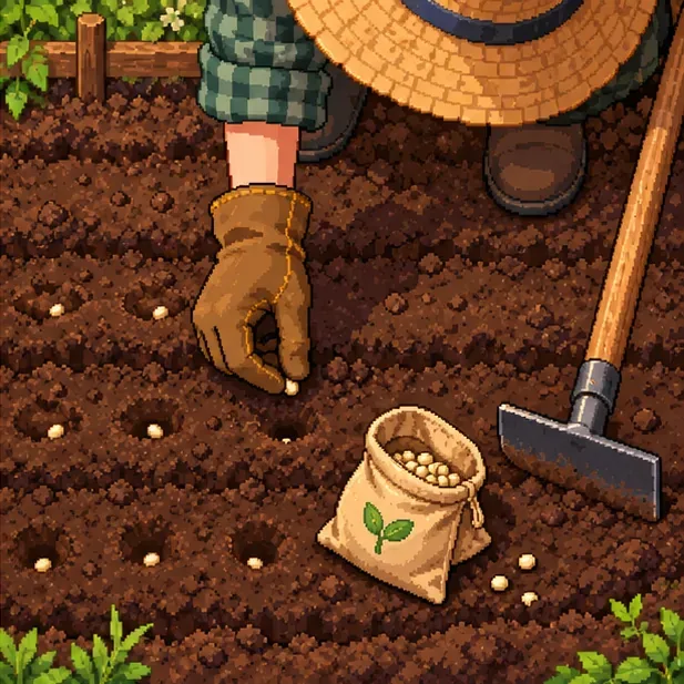A farmer places a seed into freshly hoed soil beside a seed pouch and hoe.