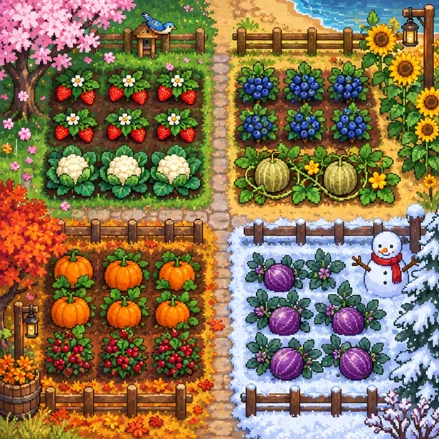 Seasonal farm plots show spring strawberries and cauliflower, summer blueberries and melons, fall pumpkins and cranberries, and winter Powdermelons in snow.