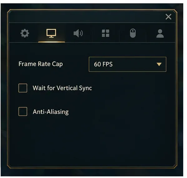 ตัวเลือกวิดีโอของ League แสดงการจำกัดเฟรมเรตไว้ที่ 60 FPS โดยที่ไม่ได้เลือก V-Sync และ Anti-Aliasing