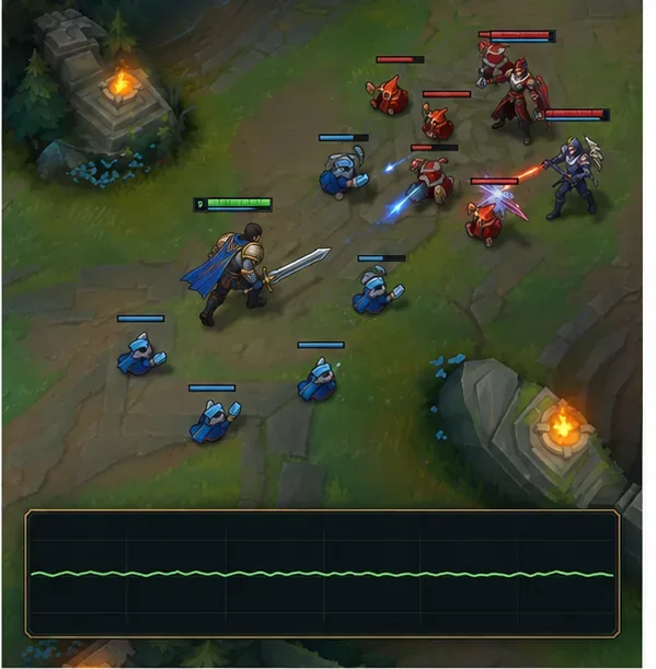 ภาพการต่อสู้แบบทีมสไตล์ League of Legends เหนือแผนภูมิแสดงความสัมพันธ์ระหว่างเฟรมและเวลา โดยมีเส้นสีเขียวคงที่