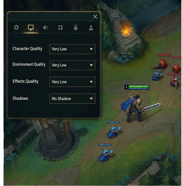 ฉากเกมแบบกำหนดเองที่แสดงการตั้งค่าวิดีโอของ League of Legends เปิดอยู่ข้างเลน