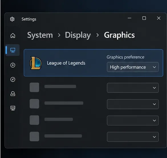 การตั้งค่ากราฟิกของ Windows โดยเลือก League of Legends และเลือกประสิทธิภาพสูง