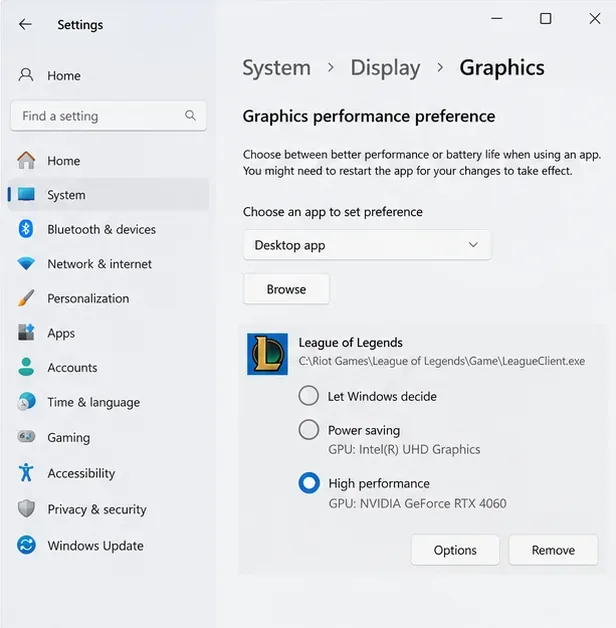 หน้าต่างการตั้งค่ากราฟิกของ Windows แสดงตัวเลือก GPU NVIDIA ประสิทธิภาพสูง