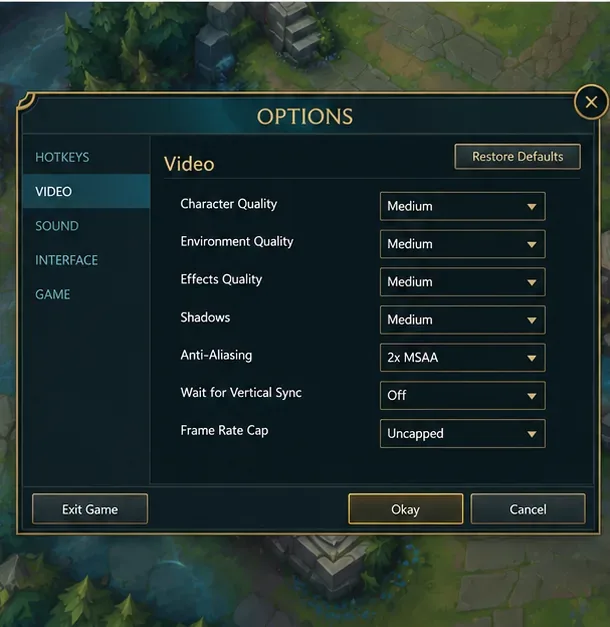 ตัวเลือกวิดีโอในเกม League of Legends ที่แสดงคุณภาพกราฟิก เงา VSync และการจำกัดอัตราเฟรม