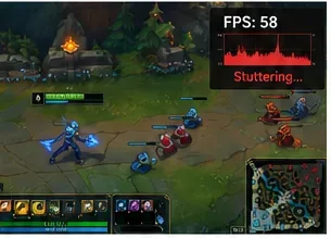 ฉากการแข่งขัน League of Legends ที่มีกราฟแสดงอาการกระตุกของเฟรมเรตเล็กน้อย