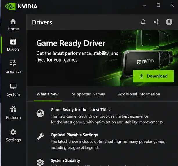 แอป NVIDIA แสดงมุมมองไดรเวอร์ พร้อมแผงดาวน์โหลดไดรเวอร์ Game Ready