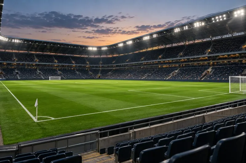 Een groen voetbalveld met witte zijlijnen, gezien vanaf de onderste rijen van een stadion.