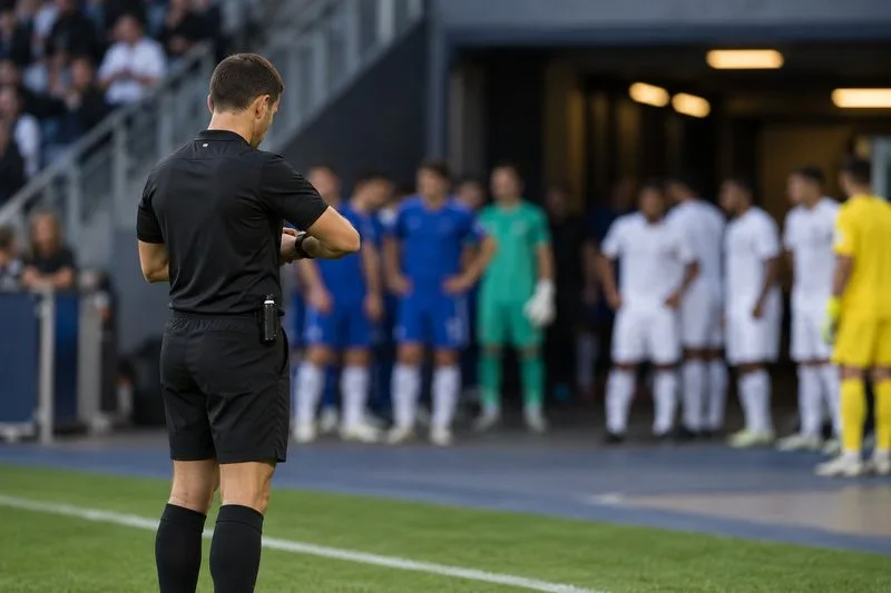 Een official controleert een horloge terwijl twee groepen spelers zonder logo's in de buurt van een stadiontunnel wachten.