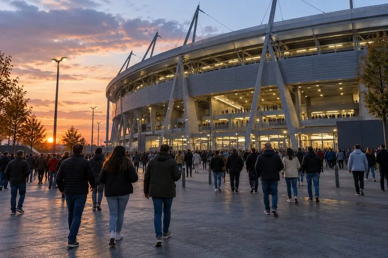 Supporters lopen in de schemering richting een groot voetbalstadion.