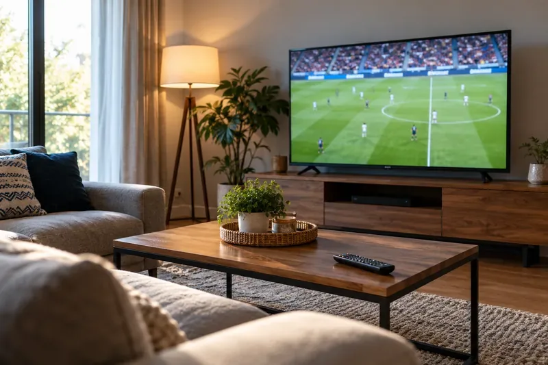 Woonkamer met een voetbalwedstrijd op een flatscreen-tv, een afstandsbediening op de salontafel en een staande lamp naast de bank.