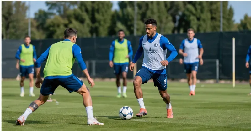 Voetballers in blauwe trainingsshirts en felgekleurde hesjes oefenen met een bal op een grasveld.
