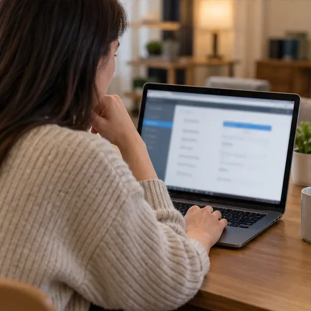 A home user reviewing router settings on a laptop beside a router and console