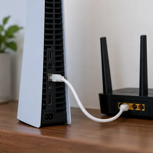 A player comparing network test trends on a laptop beside a game console