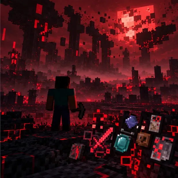 A blocky player faces a dark red, corrupted landscape with fragmented shapes and scattered inventory-like icons.