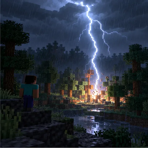 A lone blocky player watches a lightning strike hit a forest clearing during a heavy rainstorm.