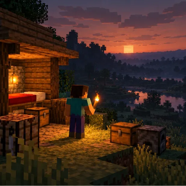 A blocky player holds a torch beside a small shelter at dusk, with a chest and crafting area nearby.