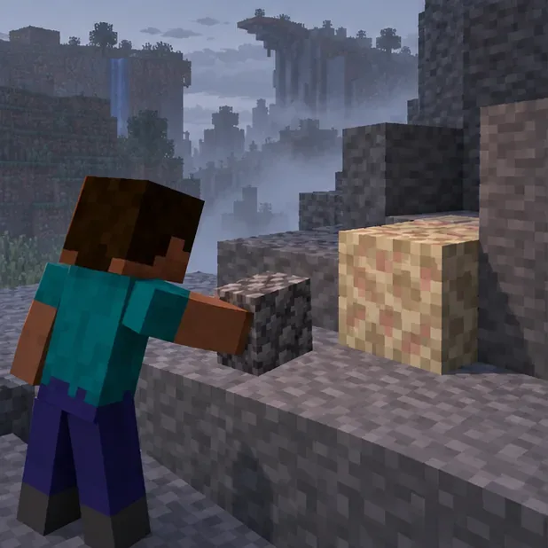 A blocky character reaches toward a stone block in a foggy ravine, with several different stone textures visible.